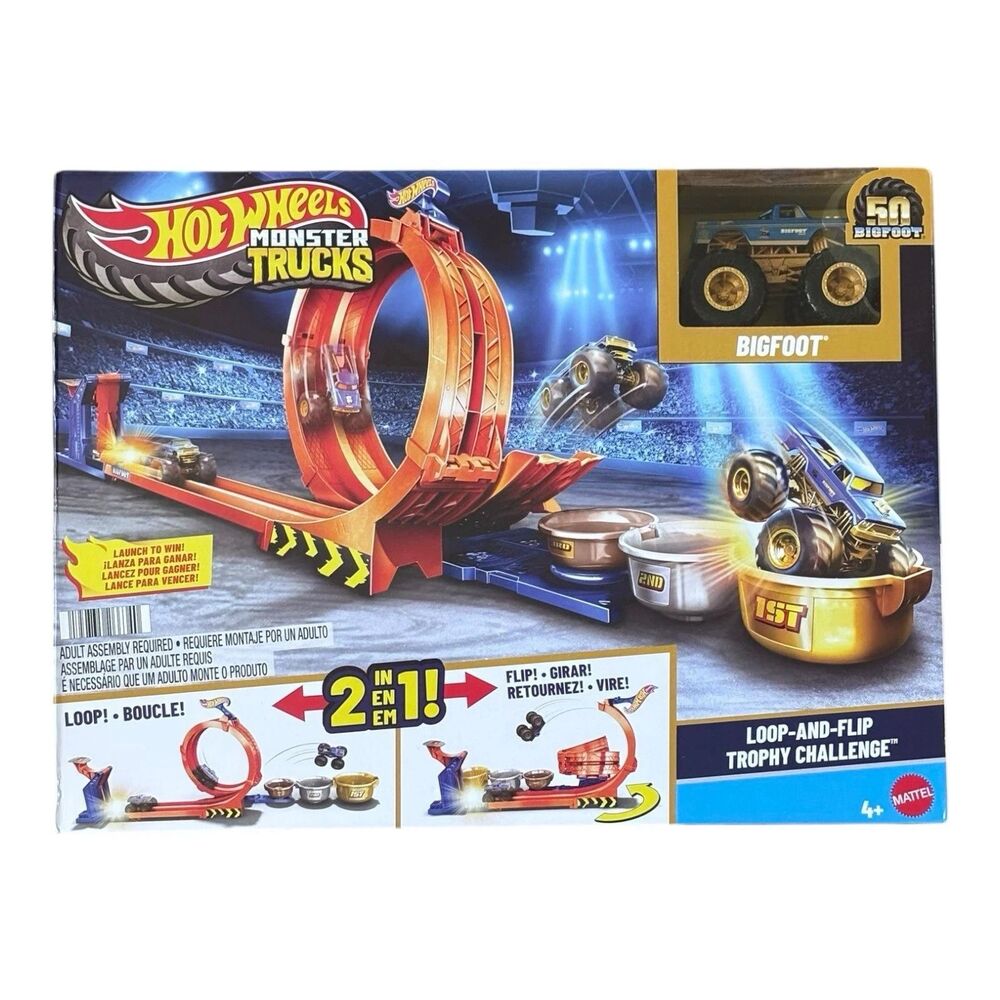NEW Hot Wheels Monster Trucks Bigfoot 50th Loop & Flip Trophy Challenge Playset